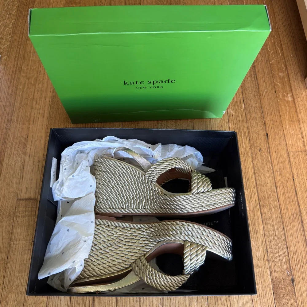 Kate Spade New York Metallic Gold Rope Platform Wedge Slingback Sandals 9.5